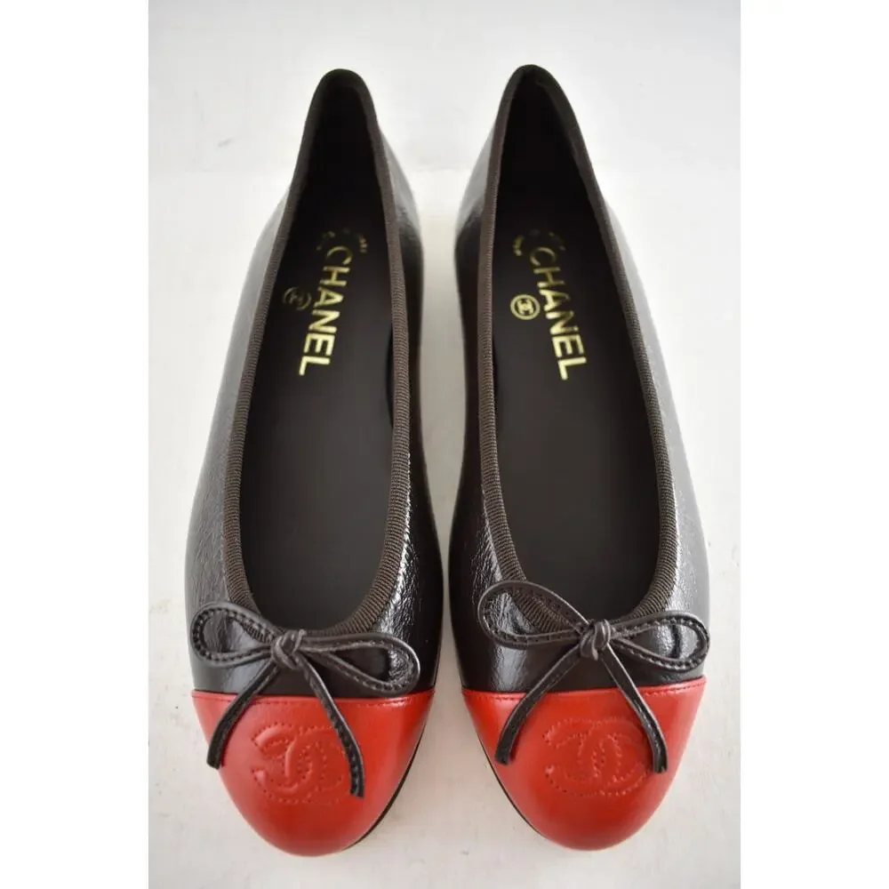 Chanel 26S Dark Brown Red Leather CC Logo Cap Classic Ballet Ballerina Flat 39 - Picture 14 of 16